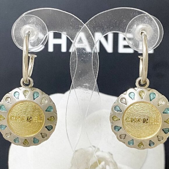 CHANEL Logo Rhinestone Blue Yellow Flower Earrings Silver Tone Auth D-b1137